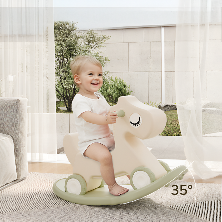 3-IN-1 KIDS' ROCKING HORSE RIDE-ON – ROCKER WITH 12 CM WHEELS, PUSH HANDLE & SOUND BUTTON