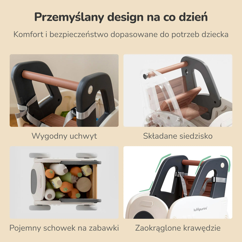 Pchacz dla dziecka 4w1 Lumpurini Timoleone – chodzik i jeździk z organizerem, regulacja prędkości