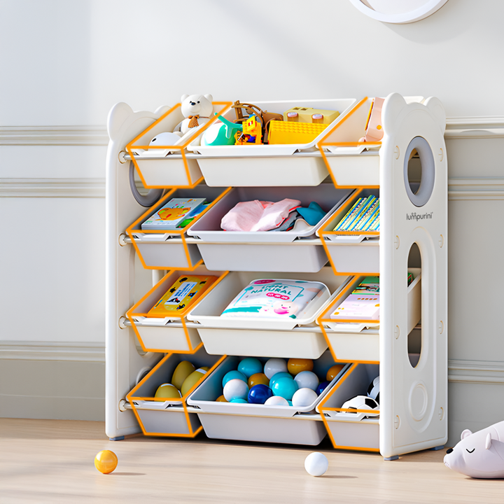 CHILDREN'S STORAGE RACK WITH PLASTIC BINS – LARGE TOY ORGANIZER – KIDS FURNITURE