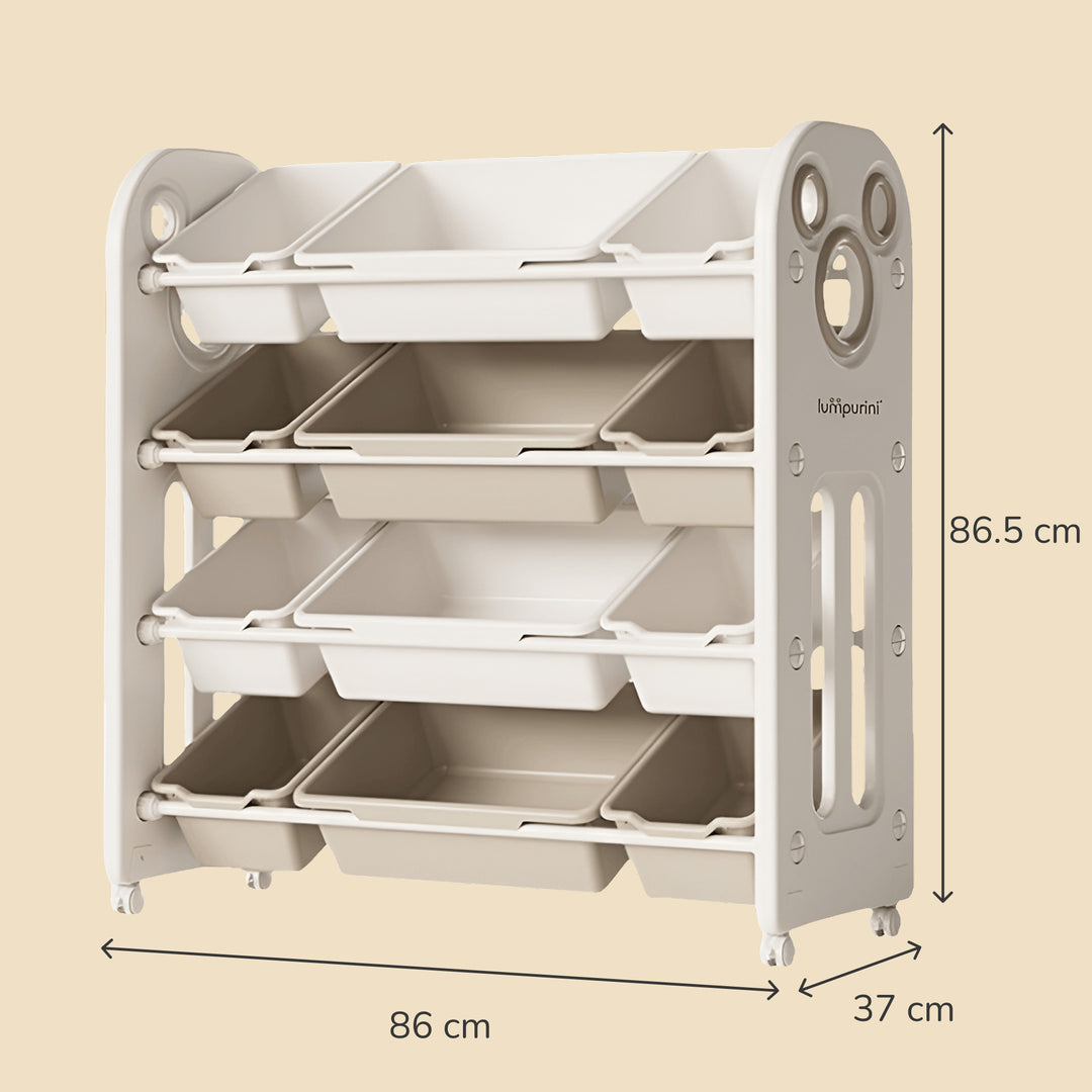CHILDREN'S STORAGE RACK WITH PLASTIC BINS – LARGE TOY ORGANIZER – KIDS FURNITURE ON WHEELS