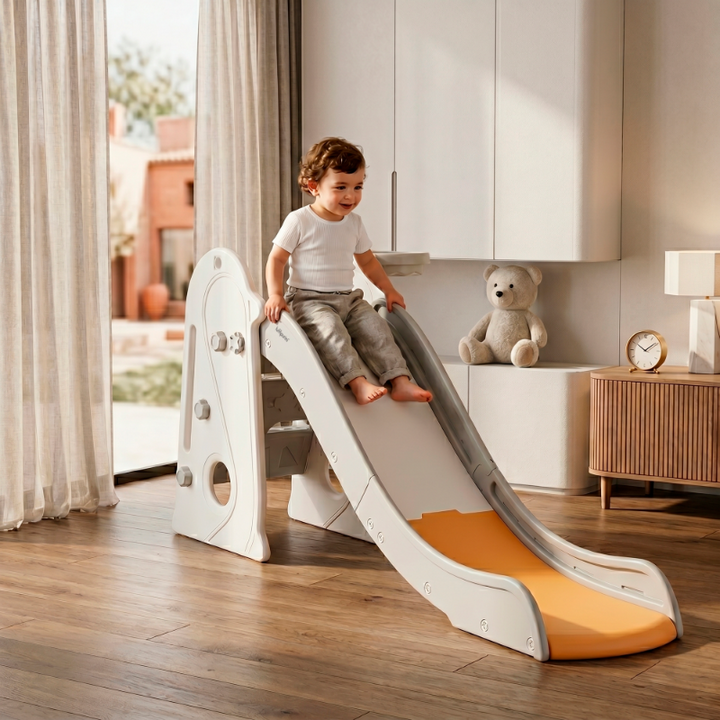 KIDS' SLIDE WITH BASKETBALL HOOP: STURDY, LONG, FOLDABLE PLAY SET