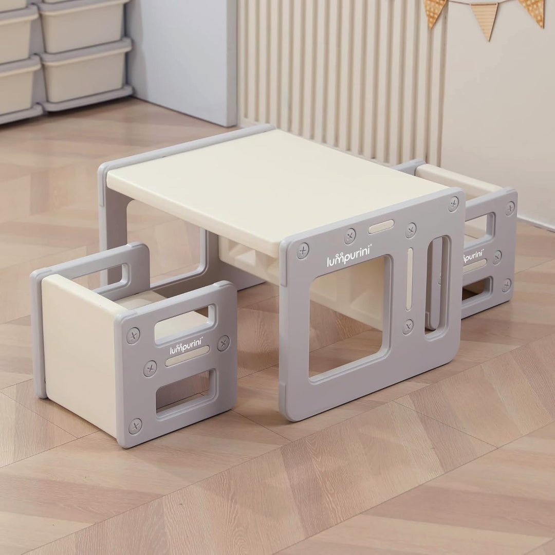 Lumpurini Dafne Due 5-in-1 Kids Transforming Table with Two Chairs —Desk, Bench, Stool & Shelf (Ages 1–8)
