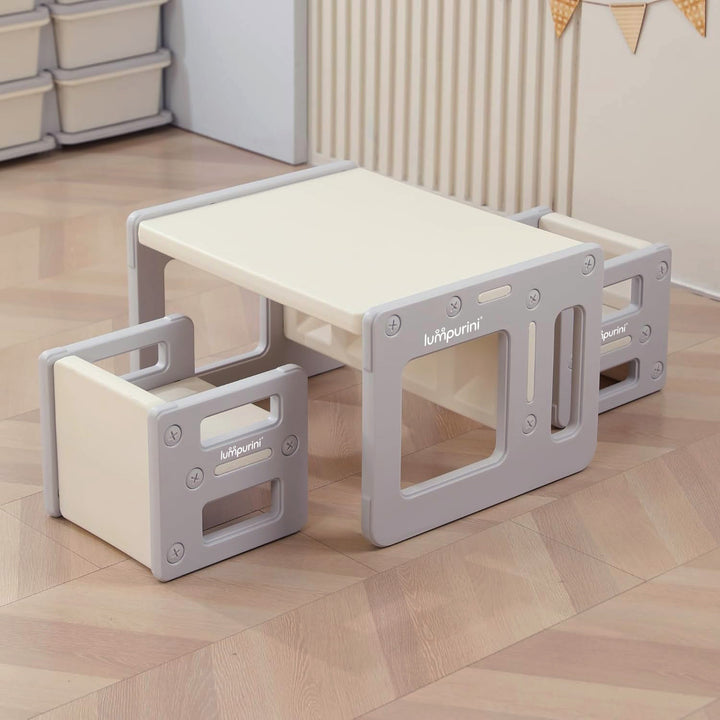 Lumpurini Dafne Due 5-in-1 Kids Transforming Table with Two Chairs —Desk, Bench, Stool & Shelf (Ages 1–8)