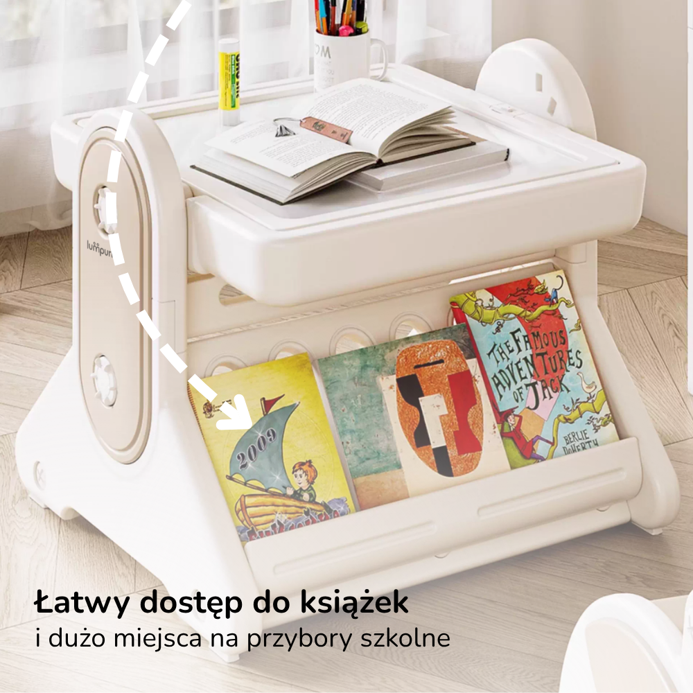 Stolik edukacyjny dla dzieci z krzesełkiem 7w1 Lumpurini Novillio – interaktywny, z tablicą i klockami