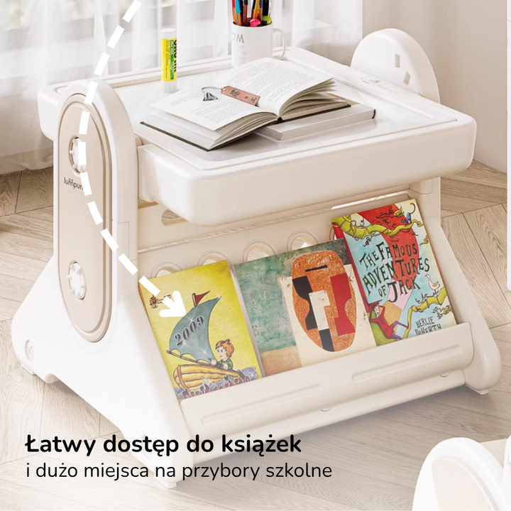 Stolik edukacyjny dla dzieci z krzesełkiem 7w1 Lumpurini Novillio – interaktywny, z tablicą i klockami