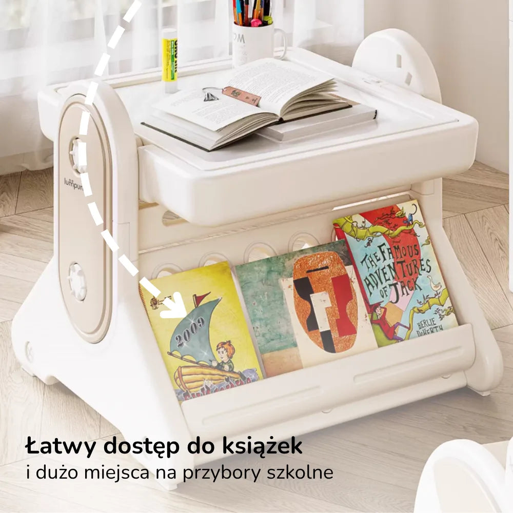 Stolik edukacyjny dla dzieci z krzesełkiem 7w1 Lumpurini Novillio – interaktywny, z tablicą i klockami