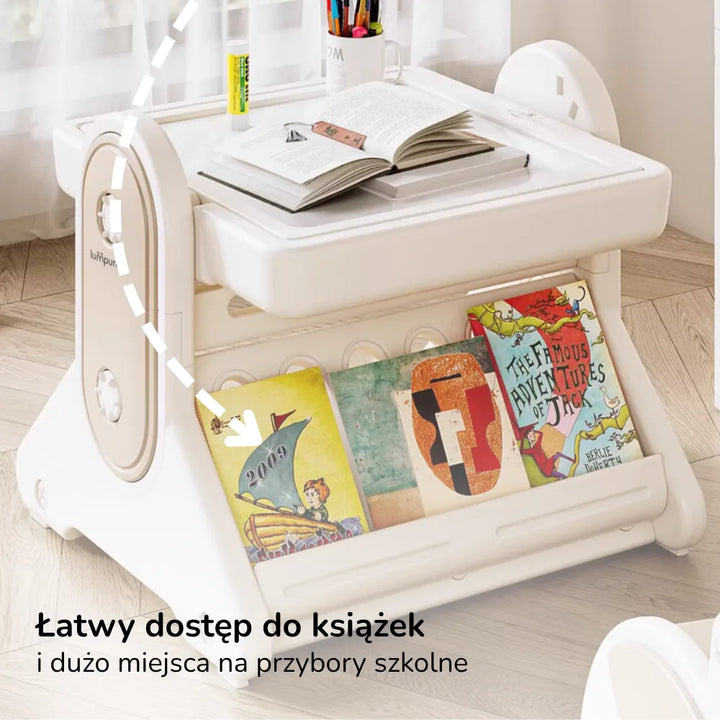 Stolik edukacyjny dla dzieci z krzesełkiem 7w1 Lumpurini Novillio – interaktywny, z tablicą i klockami