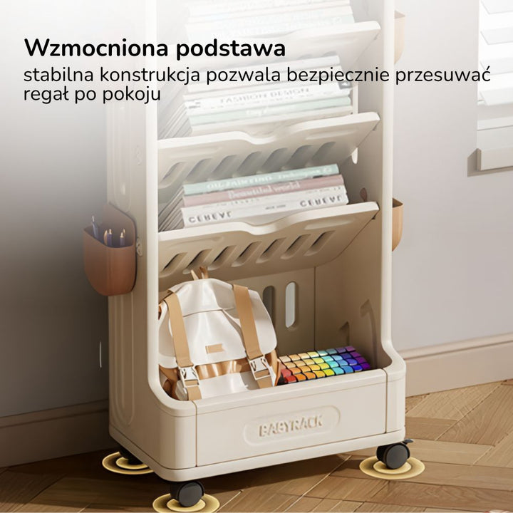 Regał na książki dla dzieci Lumpurini Edgarda – biblioteczka Montessori z pojemnikiem, na kółkach