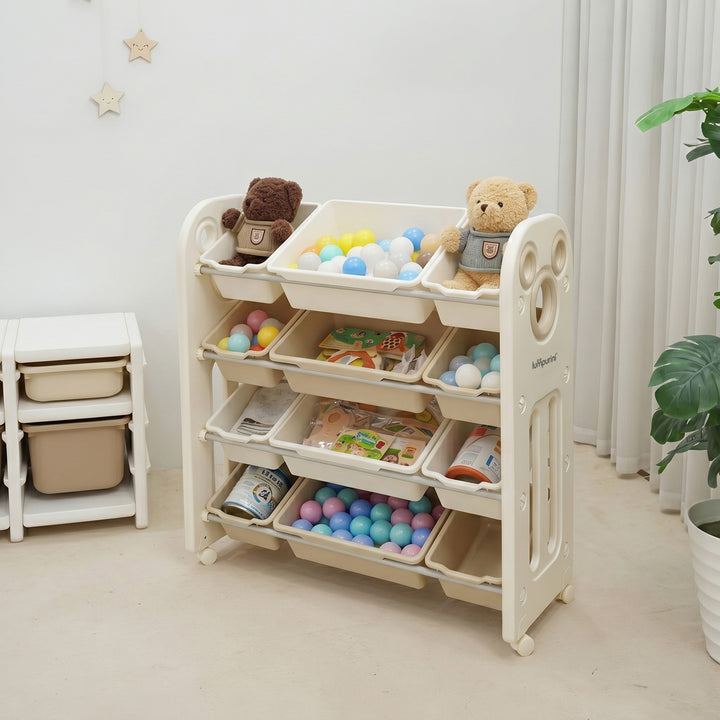 CHILDREN'S STORAGE RACK WITH PLASTIC BINS – LARGE TOY ORGANIZER – KIDS FURNITURE ON WHEELS