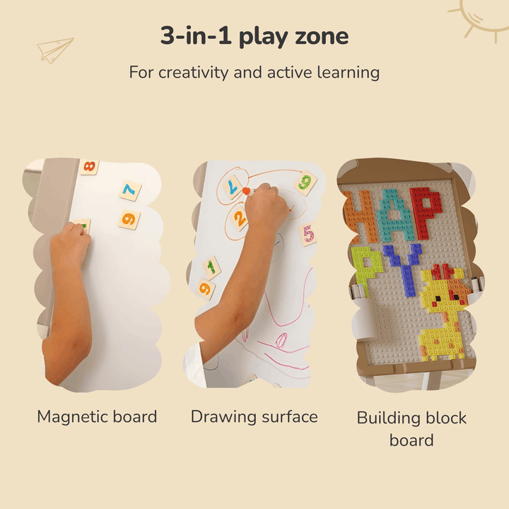3-IN-1 DOUBLE-SIDED MAGNETIC EDUCATIONAL BOARD – DRAWING + BUILDING BLOCKS + CHAIR