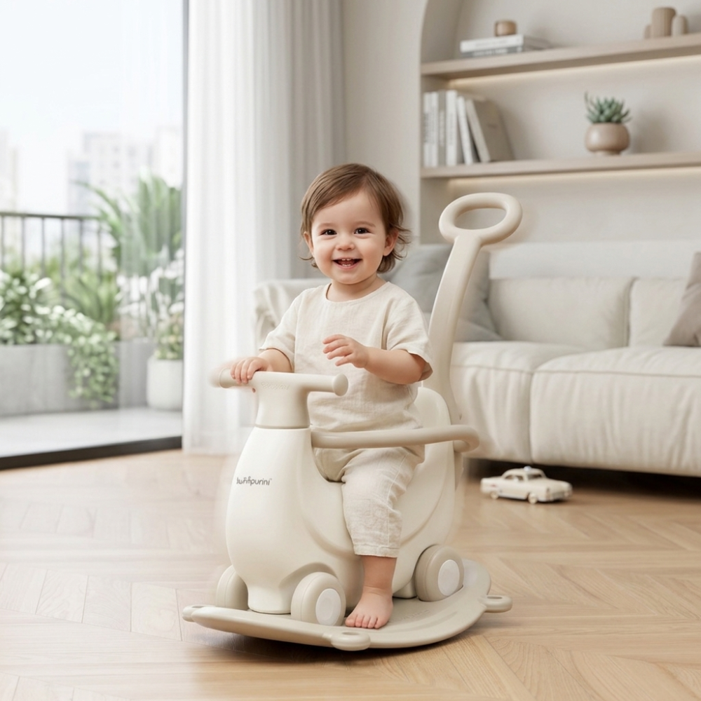 KIDS’ ROCKING HORSE RIDE-ON – ROCKER WITH WHEELS, SAFETY RAILS & PUSH HANDLE