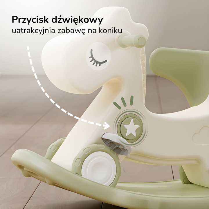 Konik na biegunach 3w1 Lumpurini Stelviono – bujak z kółkami, oparciem, podnóżkami i dźwiękiem