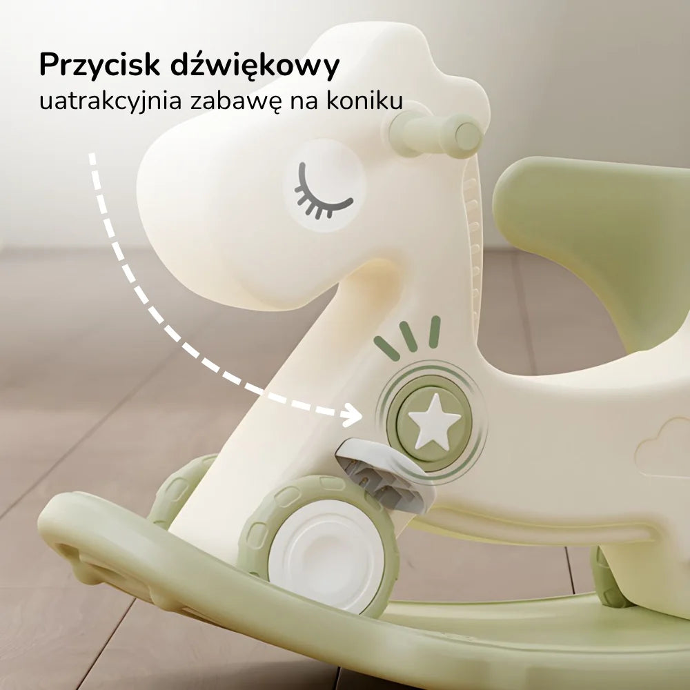 Konik na biegunach 3w1 Lumpurini Stelviono – bujak z kółkami, oparciem, podnóżkami i dźwiękiem