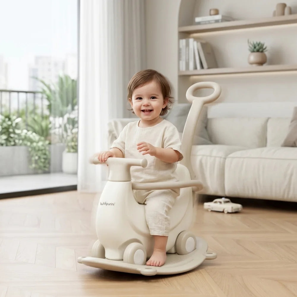 KIDS’ ROCKING HORSE RIDE-ON – ROCKER WITH WHEELS, SAFETY RAILS & PUSH HANDLE