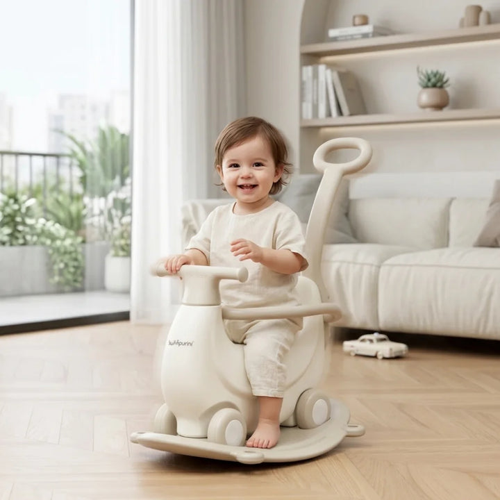 KIDS’ ROCKING HORSE RIDE-ON – ROCKER WITH WHEELS, SAFETY RAILS & PUSH HANDLE