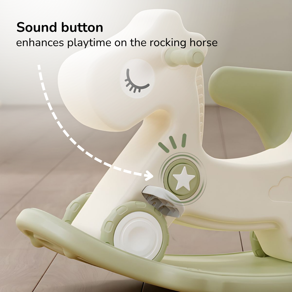 3-IN-1 KIDS' ROCKING HORSE RIDE-ON – ROCKER WITH 12 CM WHEELS, PUSH HANDLE & SOUND BUTTON
