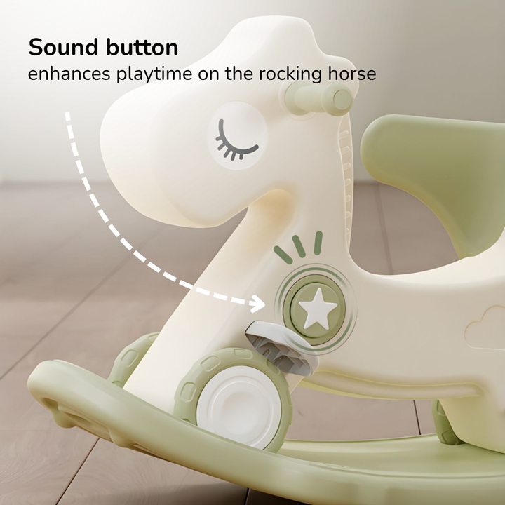 3-IN-1 KIDS' ROCKING HORSE RIDE-ON – ROCKER WITH 12 CM WHEELS, PUSH HANDLE & SOUND BUTTON