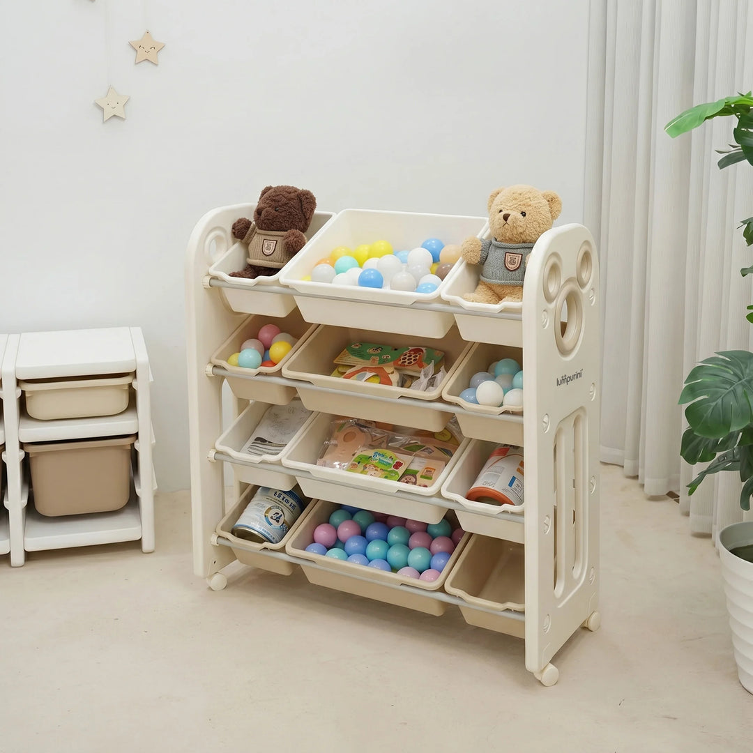 CHILDREN'S STORAGE RACK WITH PLASTIC BINS – LARGE TOY ORGANIZER – KIDS FURNITURE ON WHEELS