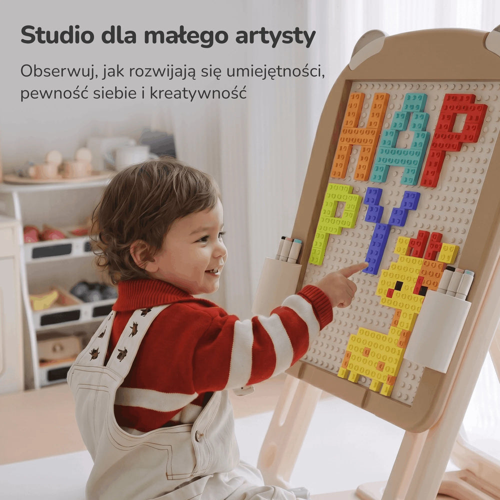 Sztaluga dla dzieci 3w1 Lumpurini Bruno Vario – dwustronna tablica magnetyczna i panel na klocki