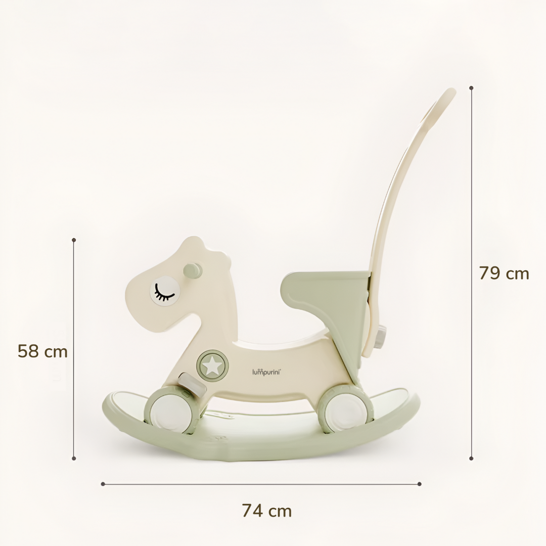 3-IN-1 KIDS' ROCKING HORSE RIDE-ON – ROCKER WITH 12 CM WHEELS, PUSH HANDLE & SOUND BUTTON