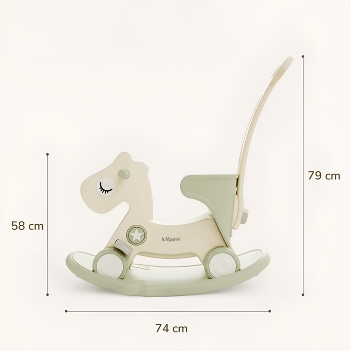 3-IN-1 KIDS' ROCKING HORSE RIDE-ON – ROCKER WITH 12 CM WHEELS, PUSH HANDLE & SOUND BUTTON