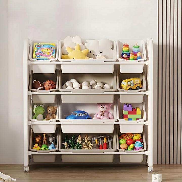 CHILDREN'S STORAGE RACK WITH PLASTIC BINS – LARGE TOY ORGANIZER – KIDS FURNITURE ON WHEELS