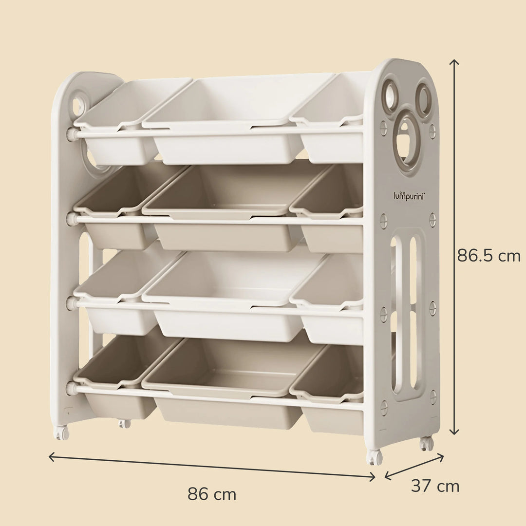 CHILDREN'S STORAGE RACK WITH PLASTIC BINS – LARGE TOY ORGANIZER – KIDS FURNITURE ON WHEELS