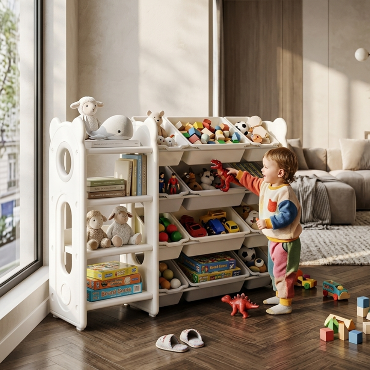 CHILDREN'S STORAGE RACK WITH PLASTIC BINS – LARGE TOY ORGANIZER – KIDS FURNITURE