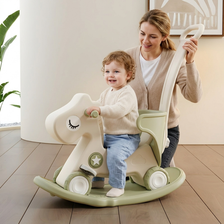 3-IN-1 KIDS' ROCKING HORSE RIDE-ON – ROCKER WITH 12 CM WHEELS, PUSH HANDLE & SOUND BUTTON