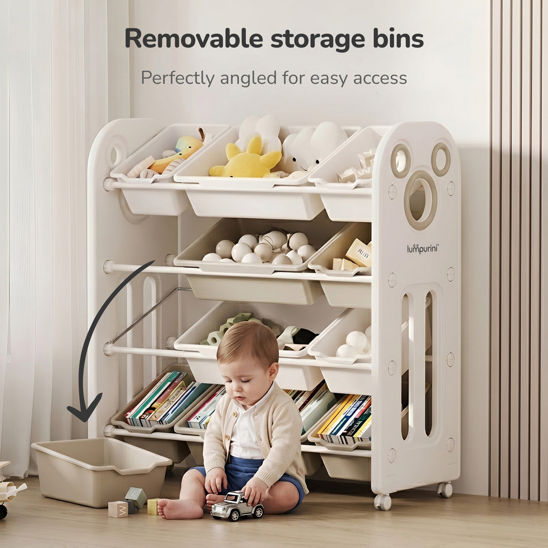CHILDREN'S STORAGE RACK WITH PLASTIC BINS – LARGE TOY ORGANIZER – KIDS FURNITURE ON WHEELS