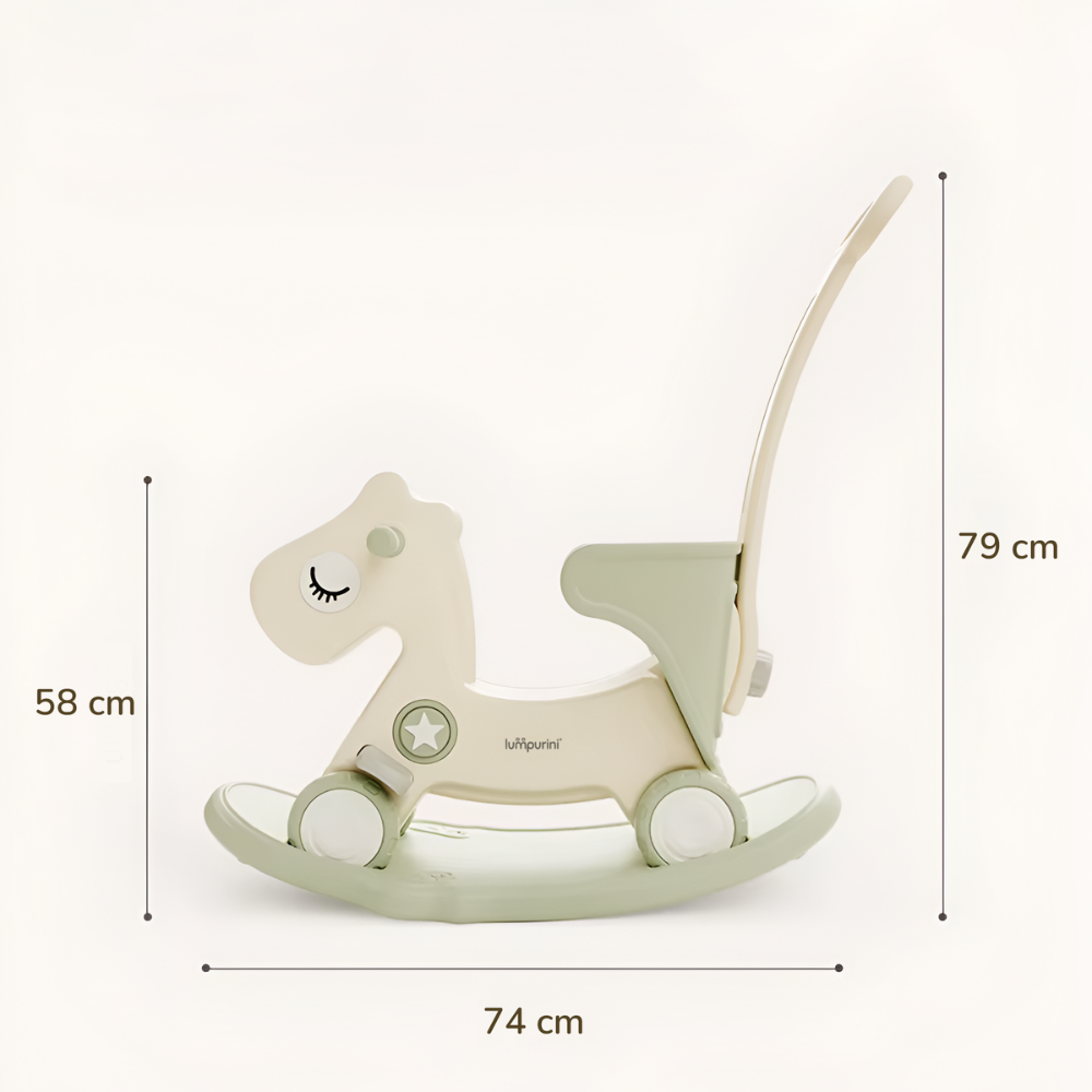 3-IN-1 KIDS' ROCKING HORSE RIDE-ON – ROCKER WITH 12 CM WHEELS, PUSH HANDLE & SOUND BUTTON