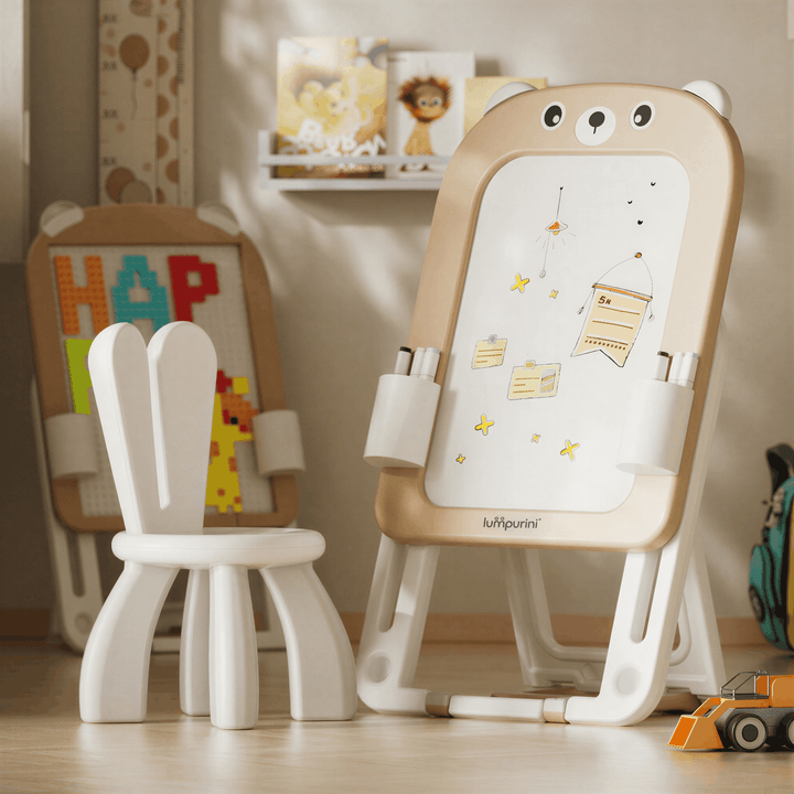 3-IN-1 DOUBLE-SIDED MAGNETIC EDUCATIONAL BOARD – DRAWING + BUILDING BLOCKS + CHAIR