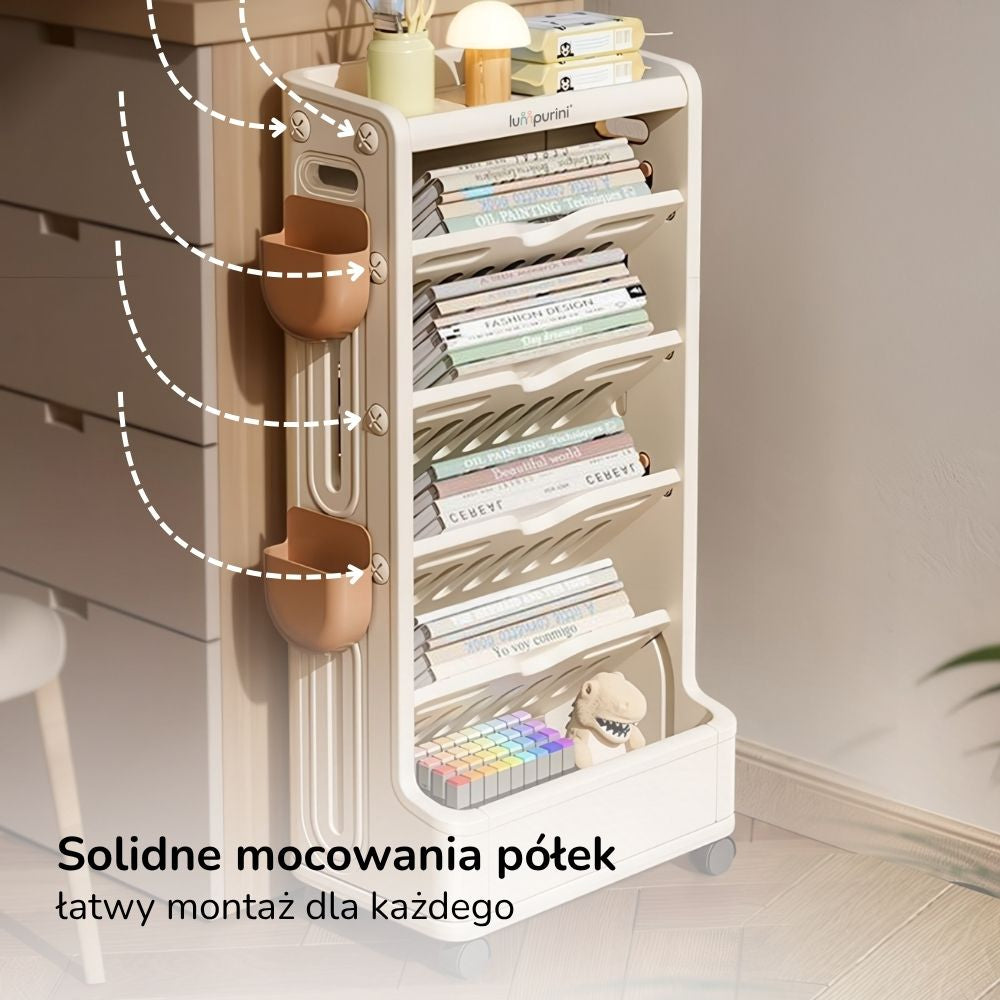 Regał na książki dla dzieci Lumpurini Edgarda – biblioteczka Montessori z pojemnikiem, na kółkach