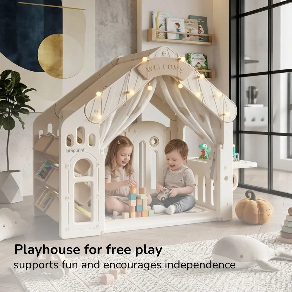KIDS' PLAYHOUSE & ACTIVITY CENTER: INDOOR/OUTDOOR WITH STORAGE, TABLE, AND CANOPY