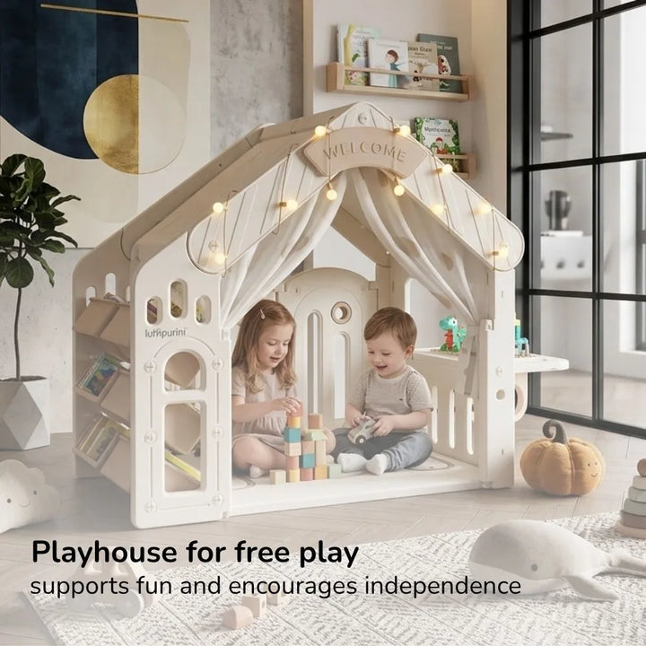 KIDS' PLAYHOUSE & ACTIVITY CENTER: INDOOR/OUTDOOR WITH STORAGE, TABLE, AND CANOPY