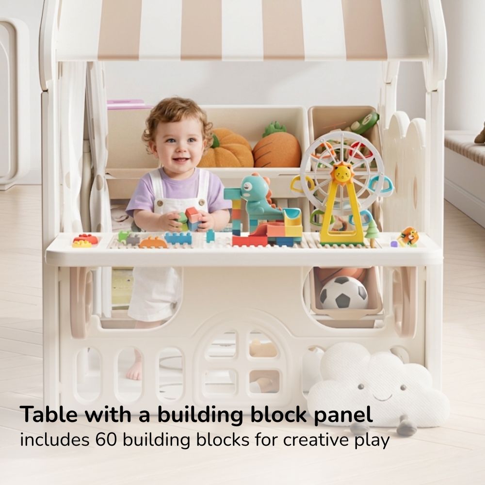 KIDS' PLAYHOUSE & ACTIVITY CENTER: INDOOR/OUTDOOR WITH STORAGE, TABLE, AND CANOPY