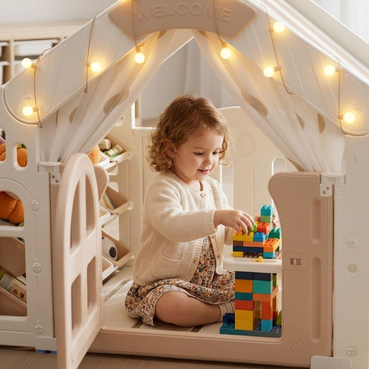 KIDS' PLAYHOUSE & ACTIVITY CENTER: INDOOR/OUTDOOR WITH STORAGE, TABLE, AND CANOPY