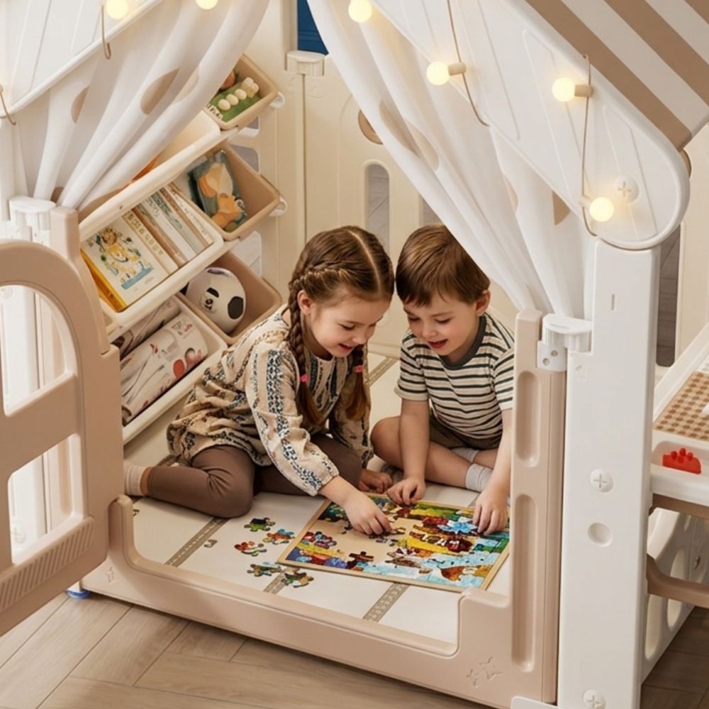 KIDS' PLAYHOUSE & ACTIVITY CENTER: INDOOR/OUTDOOR WITH STORAGE, TABLE, AND CANOPY