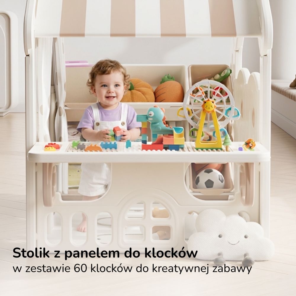 Domek do zabawy dla dzieci Lumpurini Nino Casa – domek ogrodowy z pojemnikami, stolikiem i daszkiem