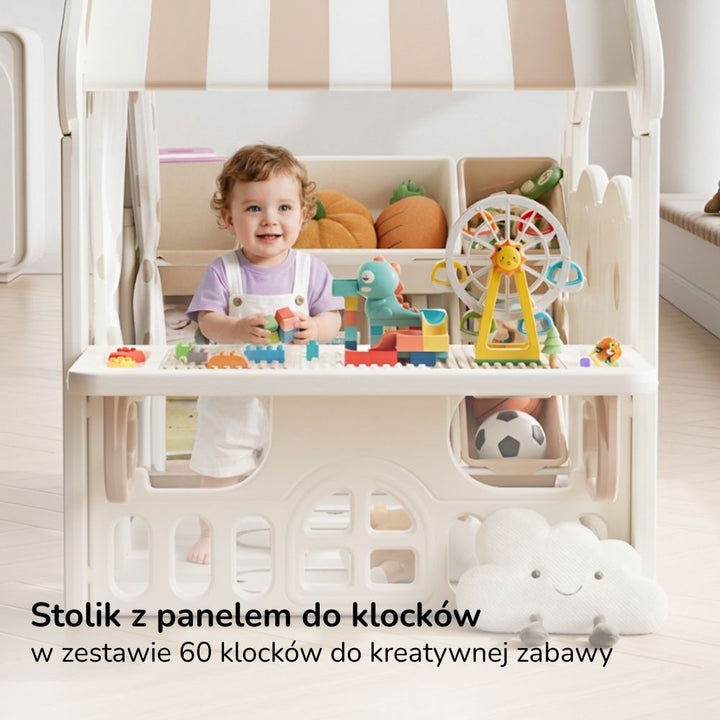 Domek do zabawy dla dzieci Lumpurini Nino Casa – domek ogrodowy z pojemnikami, stolikiem i daszkiem