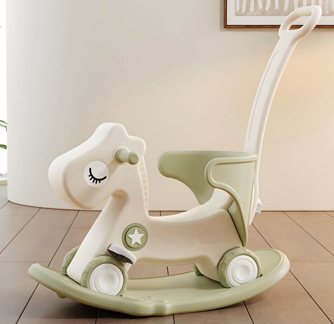 Lumpurini Stelviono 2-in-1 Rocker Ride — Kids Rocking Horse with Backrest & Push Handle, Converts for Active Balance Play. (Alibaba)