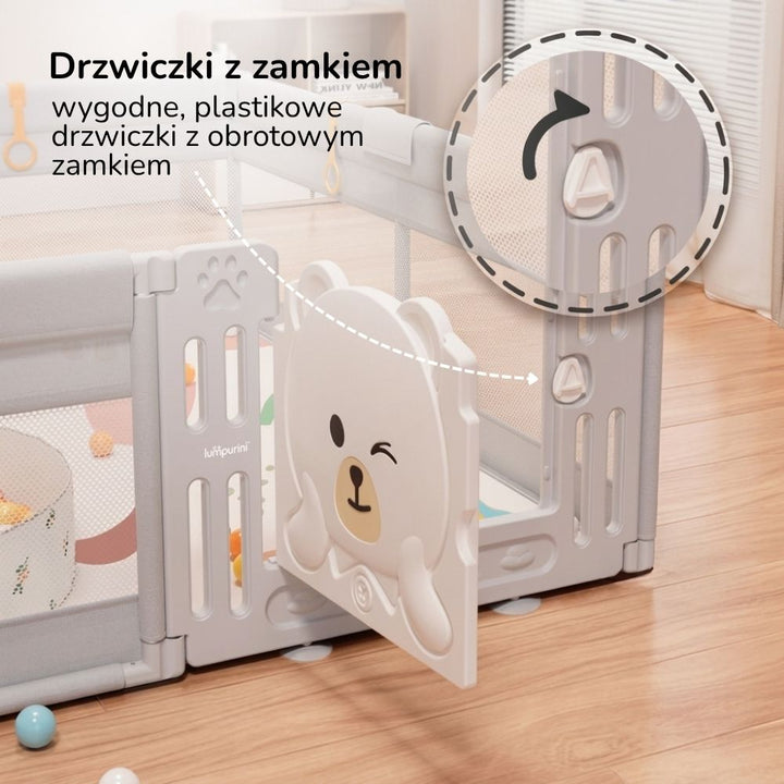Kojec dla dziecka 120x180 Lumpurini Tindario M – plac zabaw z drzwiczkami i kieszenią na zabawki