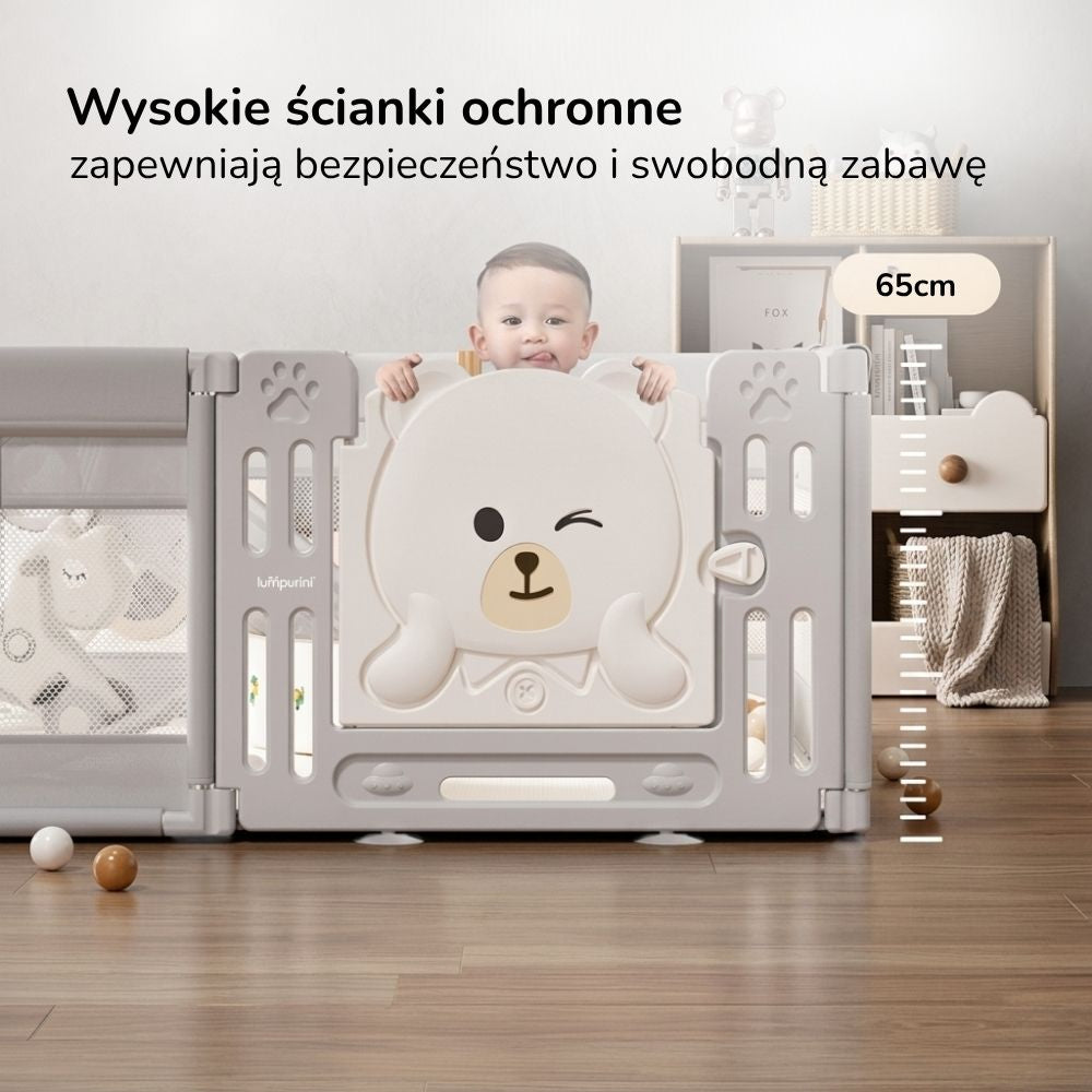Kojec dla dziecka 120x180 Lumpurini Tindario M – plac zabaw z drzwiczkami i kieszenią na zabawki