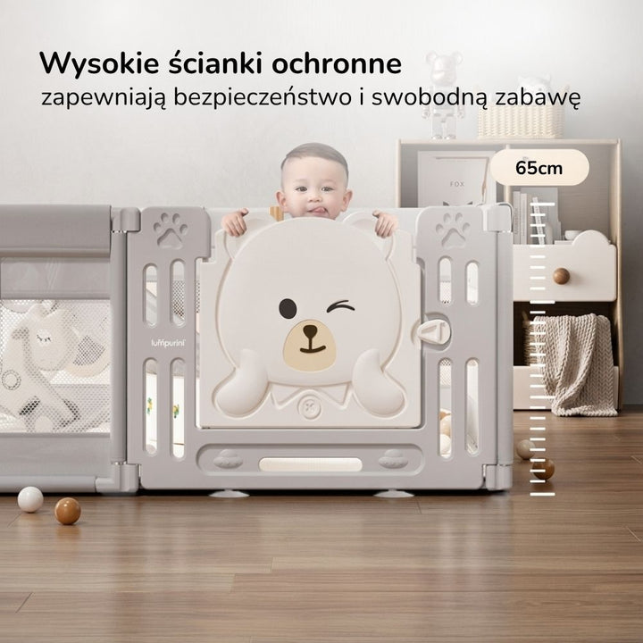 Kojec dla dziecka 120x180 Lumpurini Tindario M – plac zabaw z drzwiczkami i kieszenią na zabawki