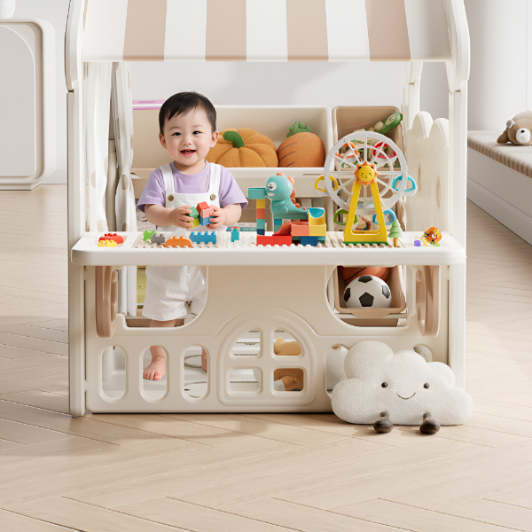 KIDS' PLAYHOUSE & ACTIVITY CENTER: INDOOR/OUTDOOR WITH STORAGE, TABLE, AND CANOPY