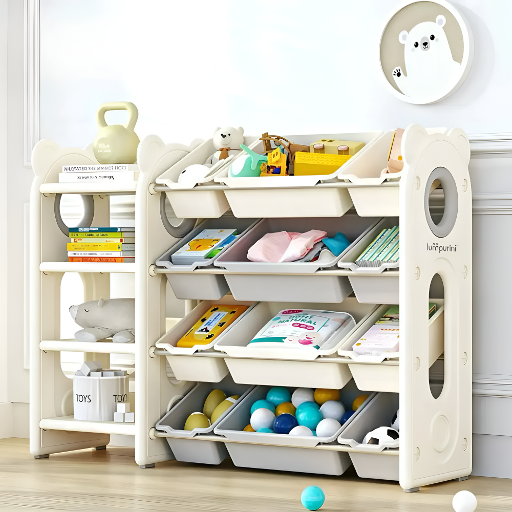CHILDREN'S STORAGE RACK WITH PLASTIC BINS – LARGE TOY ORGANIZER – KIDS FURNITURE