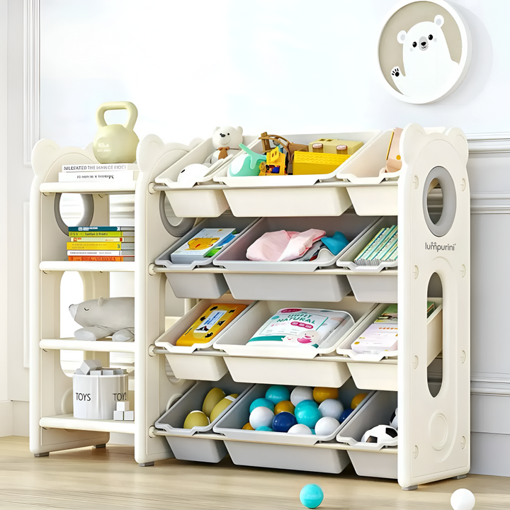 CHILDREN'S STORAGE RACK WITH PLASTIC BINS – LARGE TOY ORGANIZER – KIDS FURNITURE