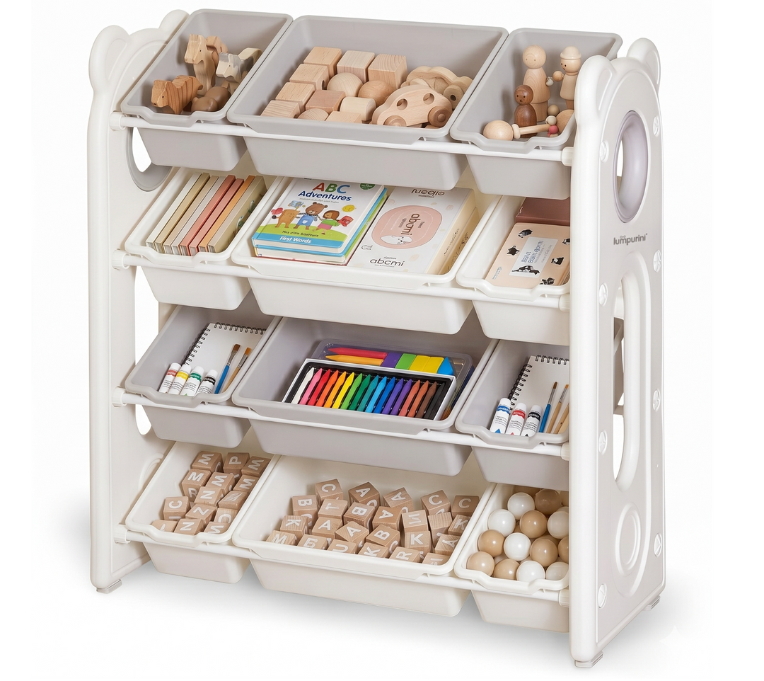 CHILDREN'S STORAGE RACK WITH PLASTIC BINS – LARGE TOY ORGANIZER – KIDS FURNITURE
