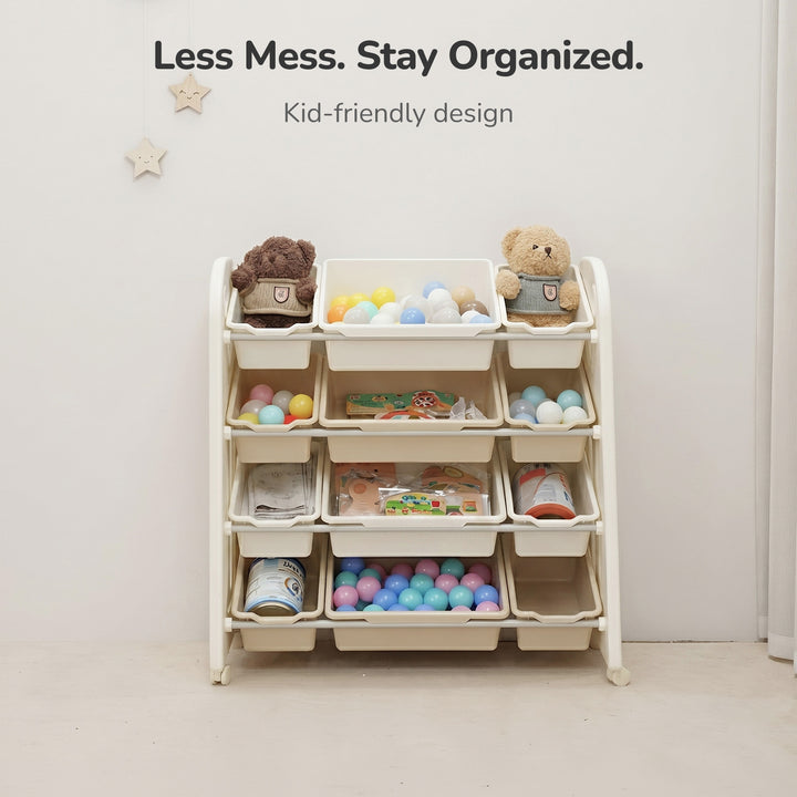 CHILDREN'S STORAGE RACK WITH PLASTIC BINS – LARGE TOY ORGANIZER – KIDS FURNITURE ON WHEELS