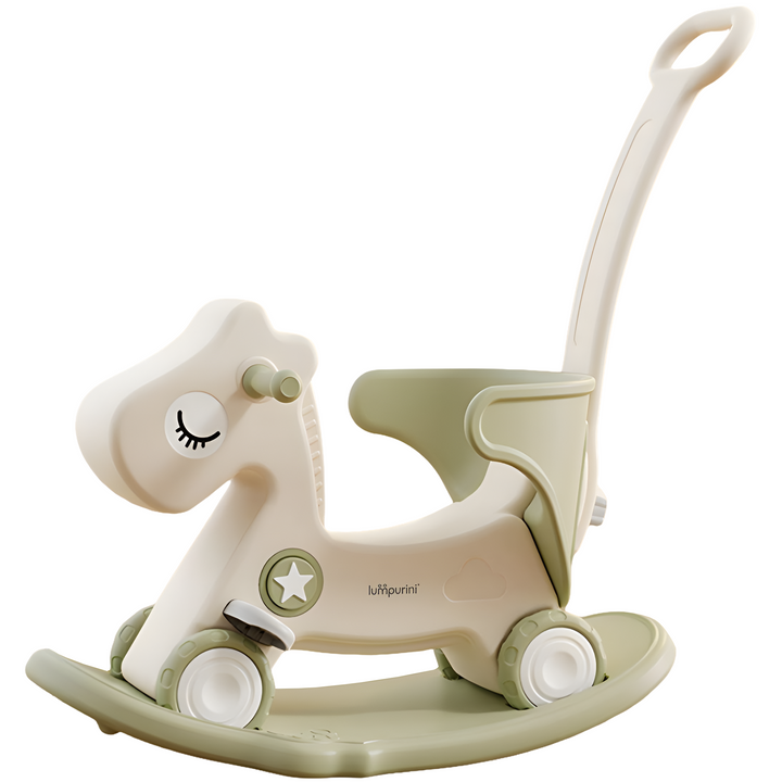3-IN-1 KIDS' ROCKING HORSE RIDE-ON – ROCKER WITH 12 CM WHEELS, PUSH HANDLE & SOUND BUTTON